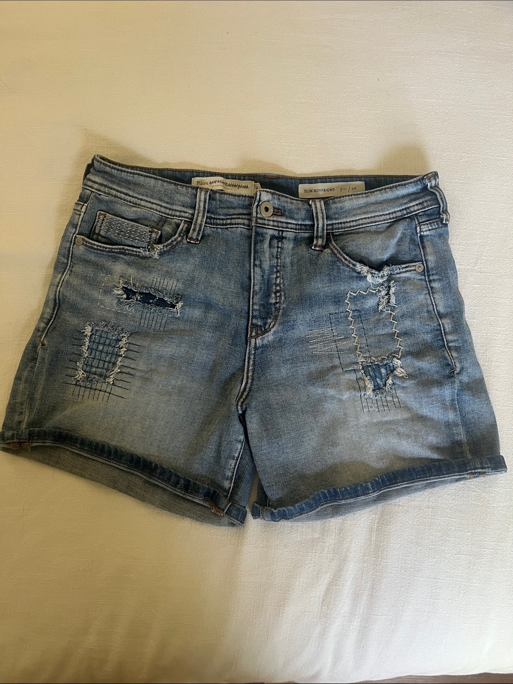 Pilcro and the Letterpress Slim Boyfriend Distressed Light Blue Denim Shorts